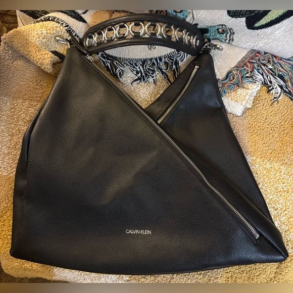 Calvin Klein Geo Rocky Road Tote Bag, Black w/ Metal Detail Shoulder Strap - Picture 6 of 10